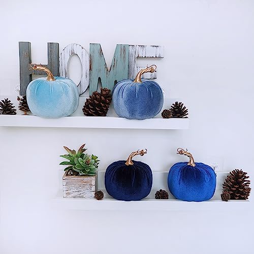Winlyn 4 Pcs Assorted Blue Faux Velvet Pumpkins Decorative Harvest Pumpkins Fabric Foam Pumpkins for Farmhouse Fall Wedding Halloween Thanksgiving Table Centerpiece Mantel Bowl Decorations