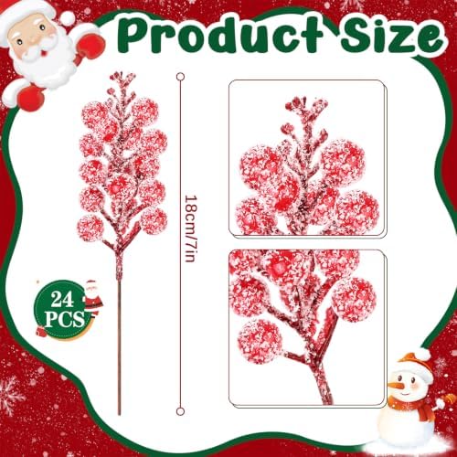 24 Pack Red Berry Stems,Artificial Burgundy Glitter Red Berries,7.5 Inch Christmas Berries Picks for DIY Crafts Christmas Tree Christmas Wreath Home Wedding Home Party Decoration (Snow Red)