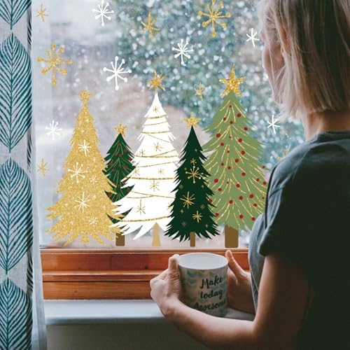 Whaline 9 Sheets Christmas Window Clings Window Decals White Green Gold Xmas Tree Snowflake Reusable Anti-Collision Windows Decor for Winter Home Glass Mirror Decor