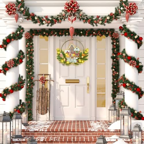 Pre-Lit Christmas Wreath for Front Door, Lighted Witch with 6H On/18H Off