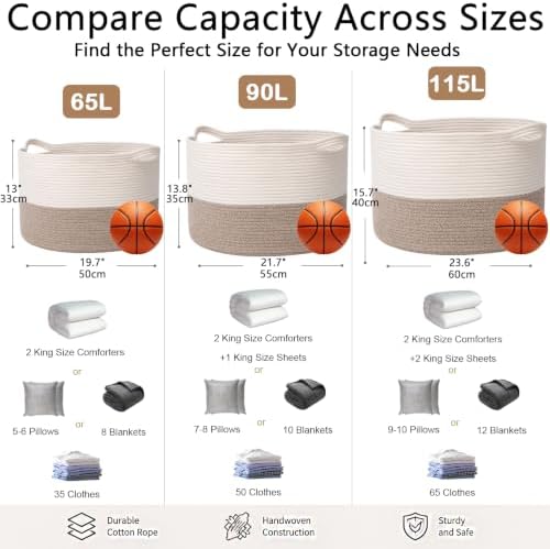 90L Woven Blanket Basket,Extra Large Laundry Basket-White & Brown