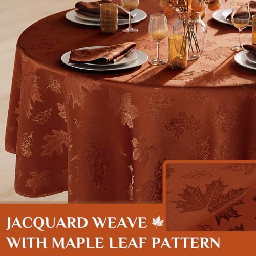 Softalker Fall Jacquard Round Tablecloth, 70 Inch Rust