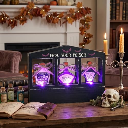 Valery Madelyn Halloween Decorations Indoor with Purple LED Lights, Lighted Spooky Halloween Decor Pick Your Poison Tabletop Sign, Witch Decorations for Home Party Office, 8 Inch