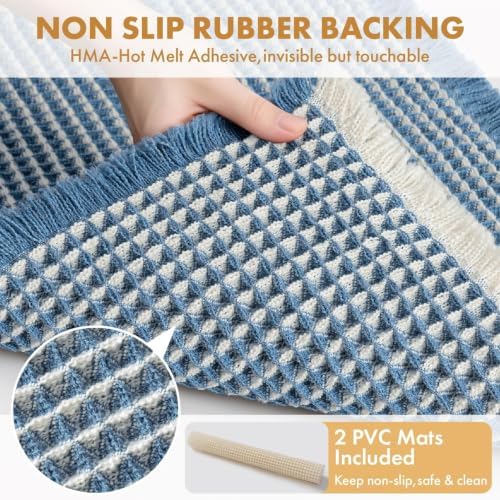 MIULEE Set of 2 Waffle Bathroom Rugs Boho Bath Mat Blue&Cream 17x24 Inch