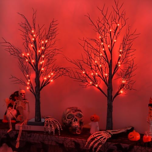 Halloween Decorations Indoor 2 Pack 24 Inch Black Halloween Tree with 48 Orange Red Led Lights, Timer/USB/Battery Operated Lighted Tabletop Spooky Tree for Halloween Table Decor Home Office Party