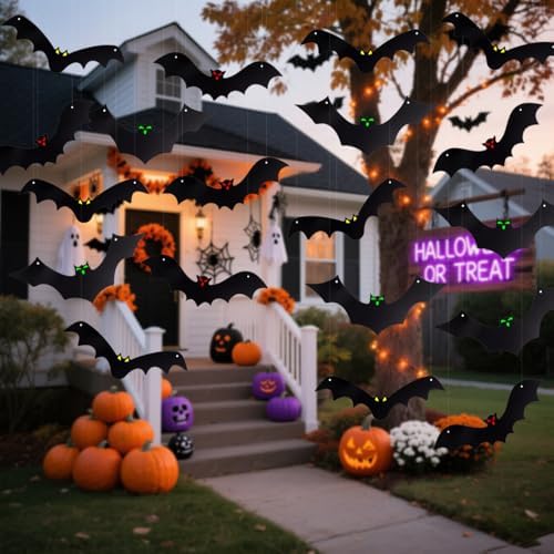 18Pcs Hanging Bats Halloween Decorations Outside Large Bat Outdoor Decor