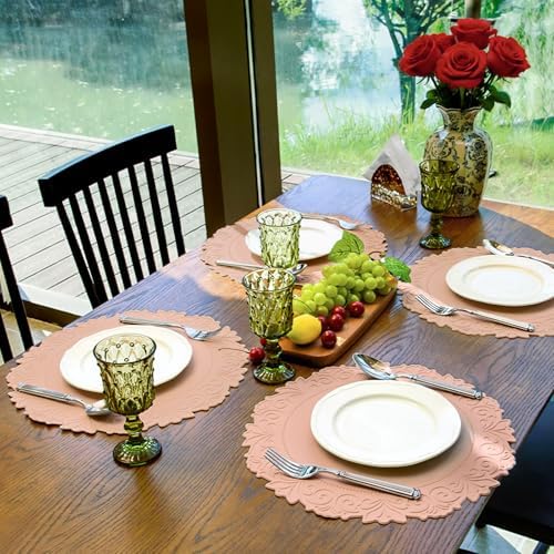 Round Faux Leather Placemats Set of 6, Dining Table Mats, Pink