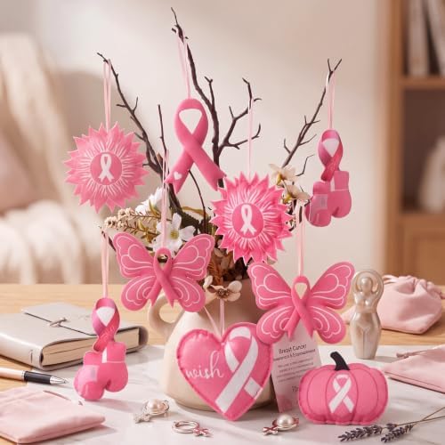 Breling 12 Pcs Breast Cancer Ornaments 3.15" Pink Ribbon Felt Hanging Decor