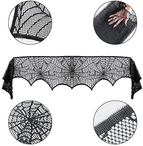 Halloween Cobweb Fireplace Scarf, Black Lace Spiderweb Mantle Scarf for Halloween Home Party Supplies, 18 x 96 inch