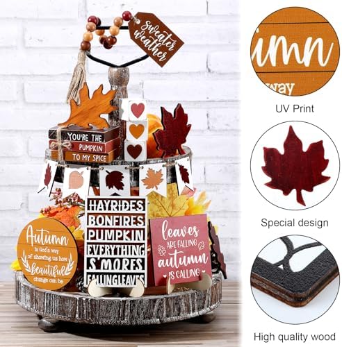 FairySandy 19 Pcs Fall Tiered Tray Decor Set, Maple Leaf
