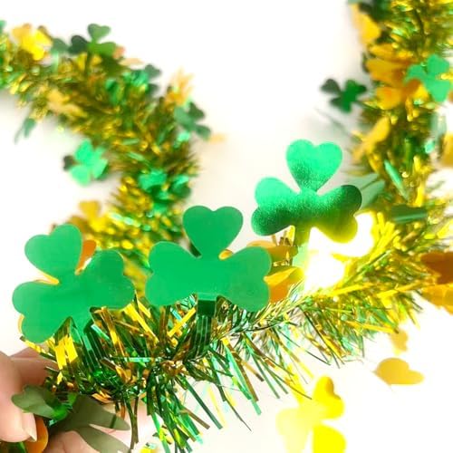 66 Ft St.Patrick's Day Tinsel Garland Decorations Shiny Thick Green Hat and Gold Shamrock Design St Patricks Day Clover Hanging Decor Garland for Irish Holiday Party Parade Floats Ornaments