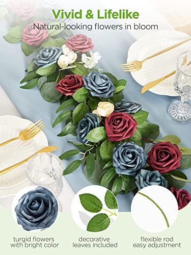InnoGear Fake Roses 50 Pcs Dusty Blue Shades Flowers Artificial Faux Floral