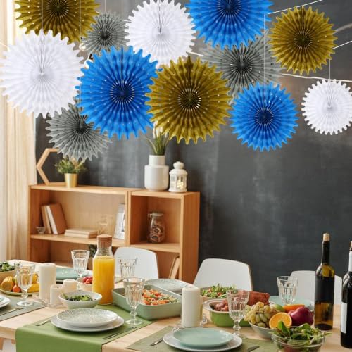 BestoFun 12PCS Blue Gold Silver Hanging Honeycomb Paper Fans Decoration Set for New Year Graduation Birthday Wedding Bachelorette Baby Shower Backdrops Anniversary Paper Party Supplies