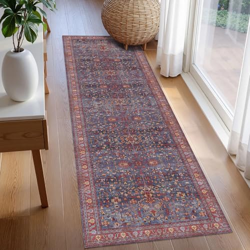 Washable Area Rug 2'6'' x 8' Vintage Traditional Persian Mat - Foldable Distressed Non-Slip Machine Washable Carpet for