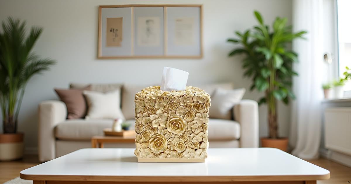 Square Tissue Box Cover Decorative Kleenex Box Holder / Gold-g