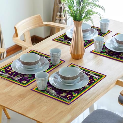 Mardi Gras Placemats Set of 6 18x12 Inch Carnival Fleur De Lis and Masks Linen Place Mat Heat-Resistant Washable Wipeable Table Mat for Party Kitchen Dining Home Decor
