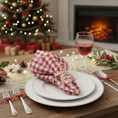 Outus 12 Pack Christmas Tree Napkin Rings Pink Metal Holders