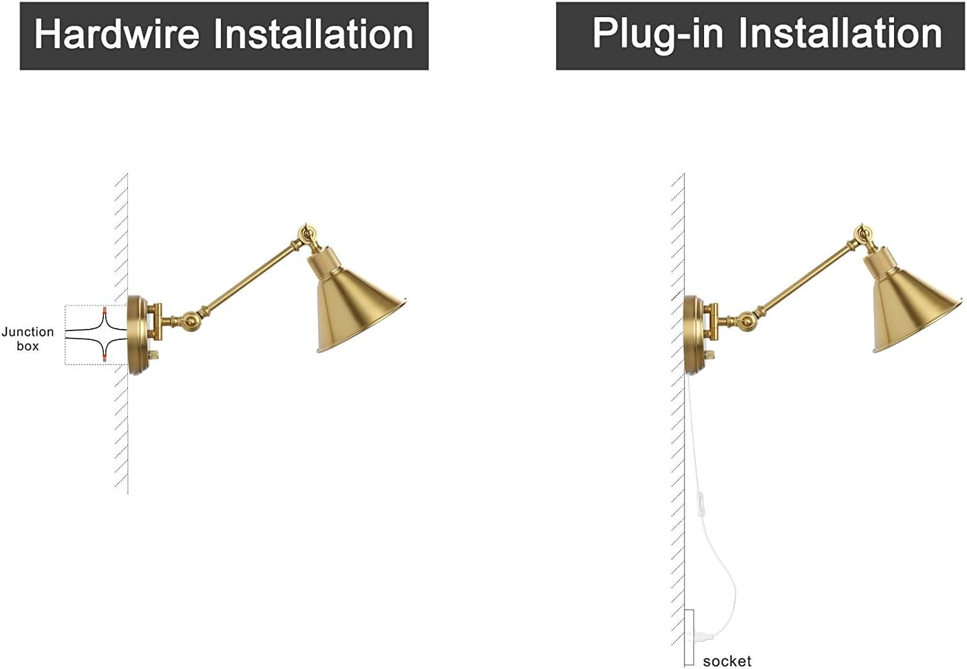 TRLIFE Wall Sconce Plug in, Dimmable Wall Sconce Brushed Brass Swing Arm Wall Lights with Plug in Cord and Dimmer