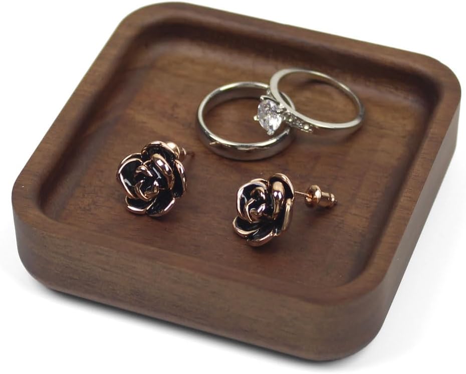 Solid Walnut Wood Square Ring Holder Dish / Square - Walnut