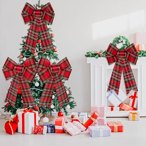 2 PCS Christmas Bows for Wreaths, 12" x 18" Red Christmas Decorations, Buffalo Plaid Christmas Tree Bow White Black Red Christmas Bows for Outside PVC Large Red Christmas Bows for Fence Fireplace