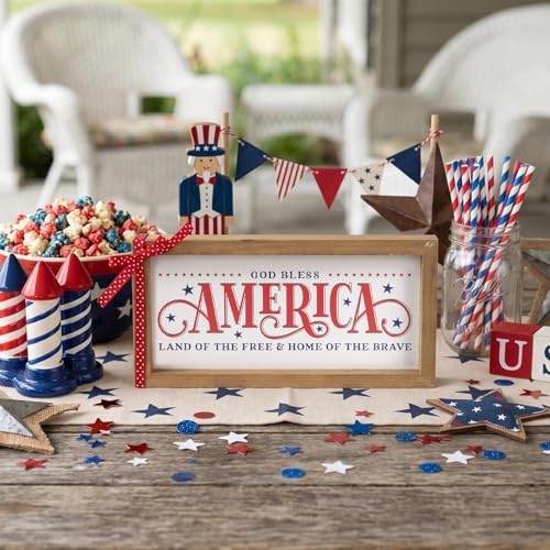 4th of July Patriotic Wall Decor, Wooden God Bless America Land of the Free Home of the Brave Sign, 250th Anniversary Independence Day Memorial Day Indoor Table Shelf Office Home Decorations