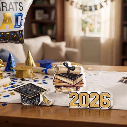 Smile 2026 Graduation Wooden Standing Decor Set, 3-Piece Grad Cap & Diploma Book Stack Tiered Tray Tabletop Signs for Graduation Party Decorations
