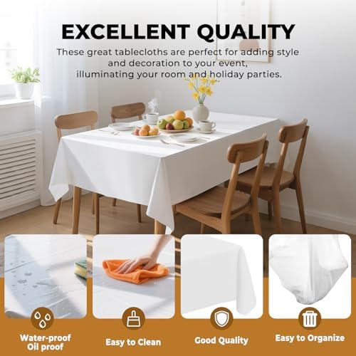 6 Pack Premium Disposable Plastic Tablecloth 54" x 108" Party Table Cloths Disposable for 6 to 8 Foot Tables Indoor or Outdoor Parties Birthdays Weddings Christmas Anniversary Buffet Table (White)