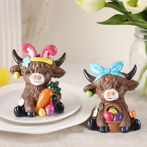 Karenhi 2 Pcs Highland Cow Figurines Resin, Bunny Ears Spring Decor