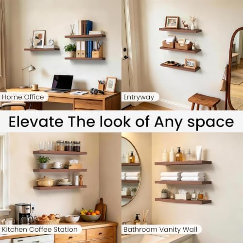 BAYKA Walnut-Like Floating Shelves 22.5in, 3Pack, Wall Mounted Wall Decor