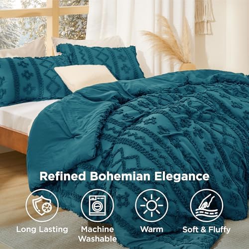 Bedsure Tufted Boho Comforter Set Queen Size - Teal Boho Bed Set, GentleSoft 3 Pieces Farmhouse-Style Embroidery