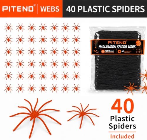 Piteno® 1200 sqft Spider Webs Halloween Decorations with 40 Fake Spiders, Stretchable Halloween Spider Webs for Indoor Outdoor Haunted House Yard Porch Party Decor (Black)