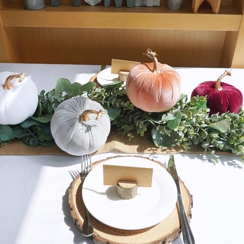Winlyn Set of 4 Fall Velvet Artificial Pumpkins with Gold Stems Decorative Fabric Pumpkins in Burgundy Bronze Gray White Faux Foam Pumpkins 5" for Autumn Wedding Thanksgiving Halloween Mantel Décor