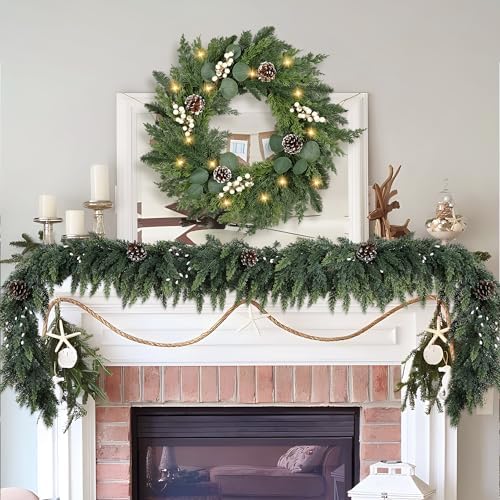 Christmas Wreath with Lights 24 Inch Real Touch Pine Wreath with White Berries/Pine Cone Prelit Christmas Wreaths for Front Door Outdoor Christmas Decorations Winter Wreath for Home Indoor Holiday