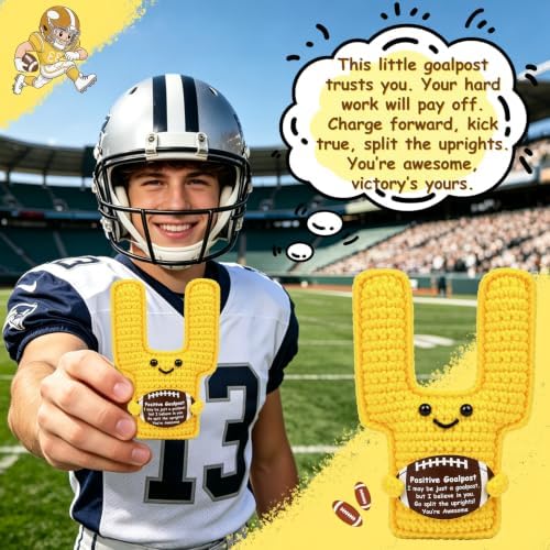 Positive Goalpost Crochet Emotional Support Football Goal Post Gift with Motivational Card for Dad Son Brother Teammate Coach, Funny Inspirational Handmade Birthday Gifts Office Desk Decor