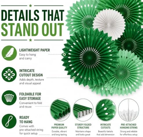 Green White Party Decoration Hanging Honeycomb Round Paper Fans Kit for Theme Birthday Baby Shower Summer Forest Patrick's Irish Backdrop Party Supplies 11 Count