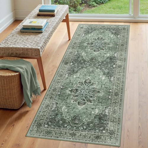 RELEANY Washable Area Rug, Runner 3'x7', Green/Dark Green/Gray