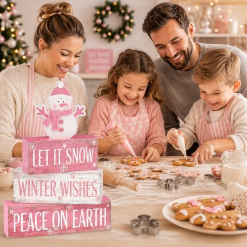 Colingmill 4 Pcs Pink Snowman Christmas Table Decor Winter Wooden Snowman