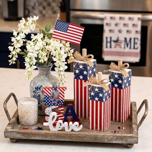 Redbaker 3 Pcs 4th of July Table Decor, Patriotic American Flag Centerpiece