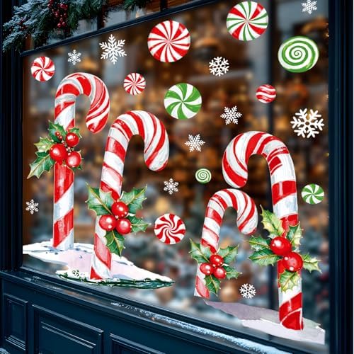 Whaline 13.8 x 35.4'' Extra Large Christmas Window Clings Red Green Candy Cane Holly Berry Window Stickers Double Sided Glass Decals for Winter Xmas Home Classroom Office Party Decoration, 3 Sheets