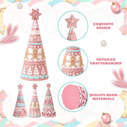 Simgoing 3 Pcs Pink Gingerbread Christmas Tree Figurines Pastel Table Decor