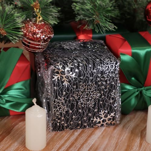 Snowkingdom Christmas Snowflake Silver Table Runner 11 Inch x 100 Feet Sparkly Silver Foil Glitter Metallic Mesh Dining Table Decorations for Seasonal Winter Xmas Festival Holiday Home Party