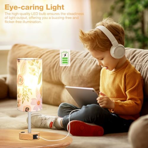 Fenmzee Floral Bedside Lamp for Bedroom, Dimmable Touch, USB A+C, AC Outlet