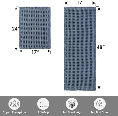 MIULEE Set of 2 Waffle Bathroom Rugs Boho Bath Mat Blue 17"x24"+17"x48"