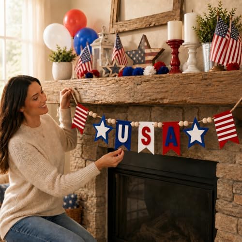 Felt USA Red White Blue Wood Bead Garland Banner for Mantel Fireplace