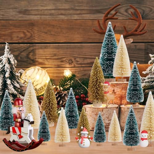 Yahpetes Christmas Trees 24 Pcs Artificial Miniature Pine Trees 4 Sizes Sisal Trees with Wood Base Bottle Brush Trees Tabletop Tree for Crafting Displaying Decoration (Blue-Green,White,Gold 24Pcs)
