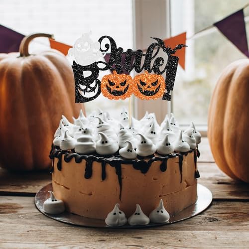 Gyufise 1Pc Little Boo Halloween Cake Topper Black Glitter Pumpkin Ghost