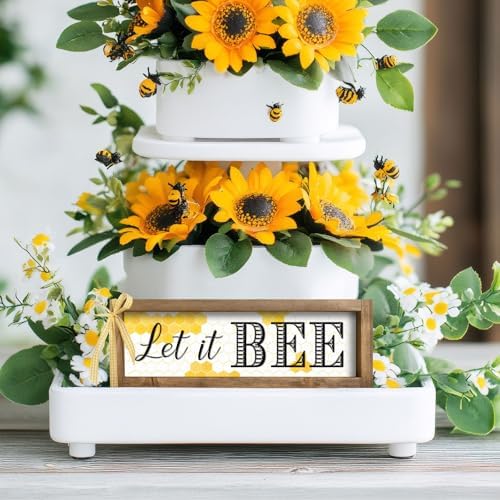 Bee Decorations for Home, Wooden Let It Bee Sign Honeycomb Decor, Honey Bee Summer Bumblebee Themed Kitchen Bathroom Room Office Table Wall Desk Shelf Mantel Farmhouse Decor