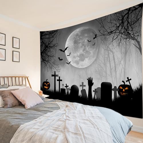 LB Halloween Tapestry Horror Black Bat Pumpkin and Cemetery in Misty Forest Wall Tapestry for Bedroom Spooky Full Moon Wall Art for Living Room Decor, 60 x 40 Inches