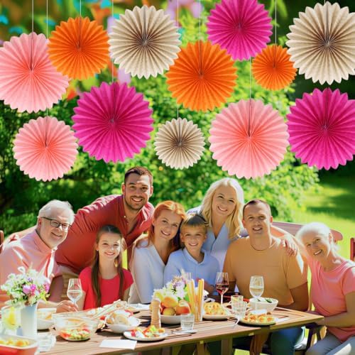 BestoFun 12PCS Orange Light Pink Paper Fans & Tissue Paper Flowers - Party Decorations Set for Birthday, Wedding, Bridal Shower, Reusable Easy Assemble Wall & Ceiling Decor