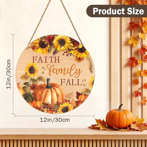 Faith Family Fall Front Door Sign Fall Sunflower Pumpkin Door Decorations Wood Sign Autumn Harvest Wreath Door Hanger Farmhouse Fall Plaques Wall Hanging Decoration for Home Proch Yard 12"x12"